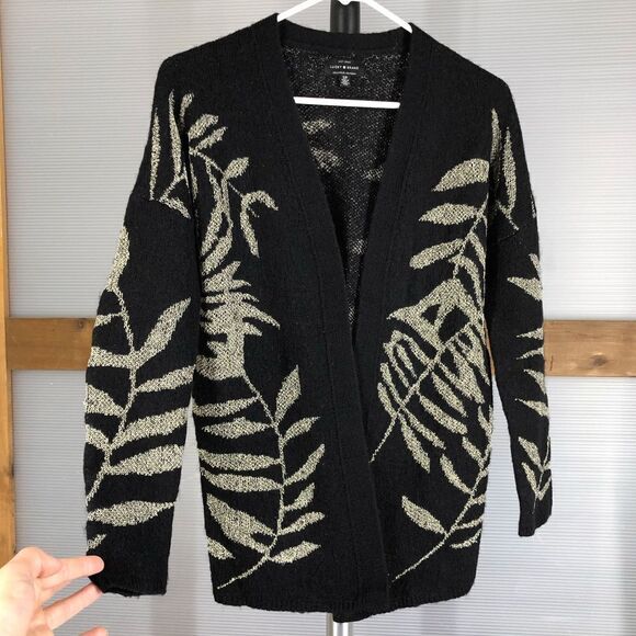 Lucky BRAND Wool Blend Black Open Cardigan Metallic Gold Leaf Motif Sz S - Picture 2 of 10